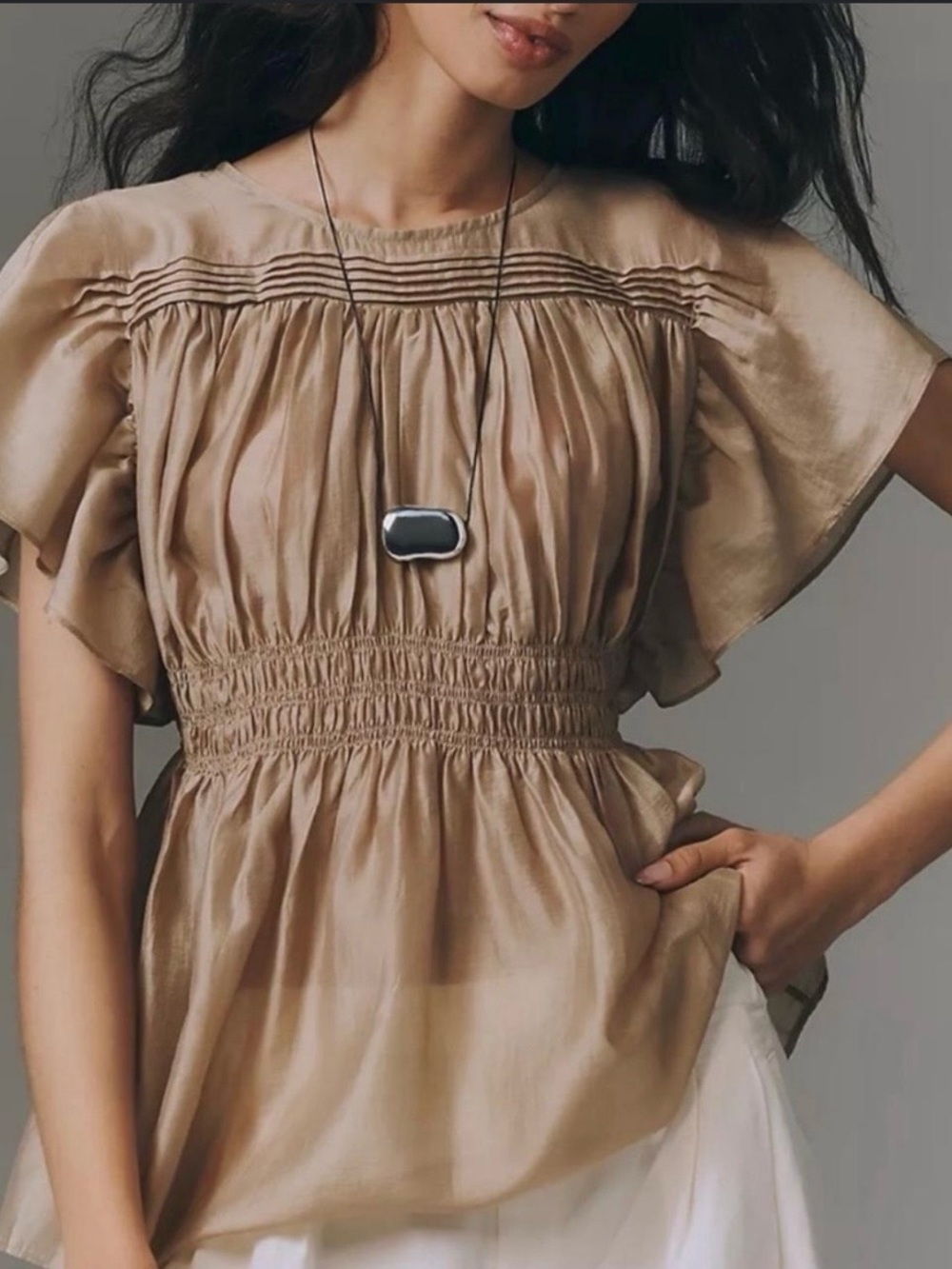 Anthropologie Beige Smocked Waist Flutter Short Sleeve Blouse Top